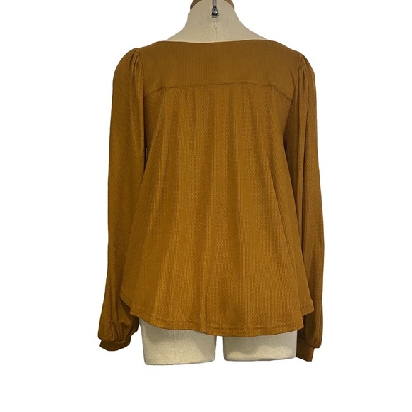 FREE PEOPLE Devin Mustard Textured Knit Henley Bishop Sleeve Boho Peasant Top XS - Picture 8 of 13